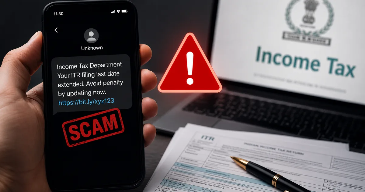 Screenshot of a fake ITR filing last date extension penalty SMS scam 2026 on a smartphone