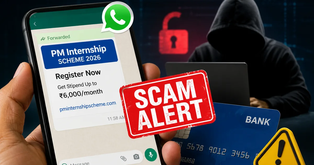 Warning sign for Fake PM Internship Scheme Registration WhatsApp Scam targeting Indian students
