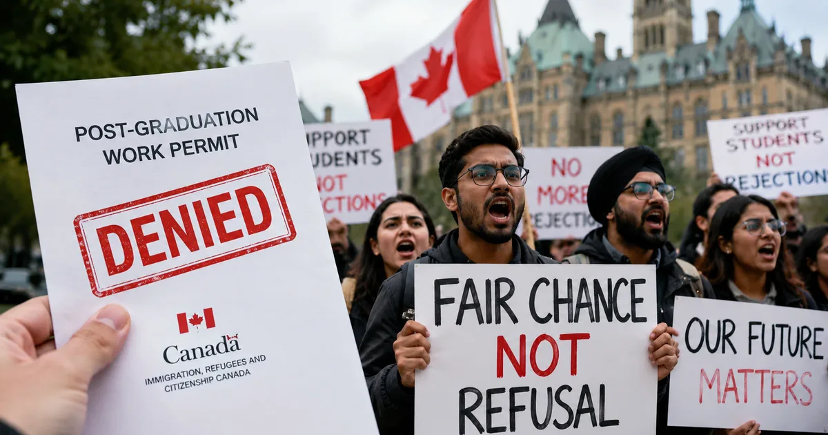 Indian students protesting Canada Post Graduation Work Permit Denials 2026