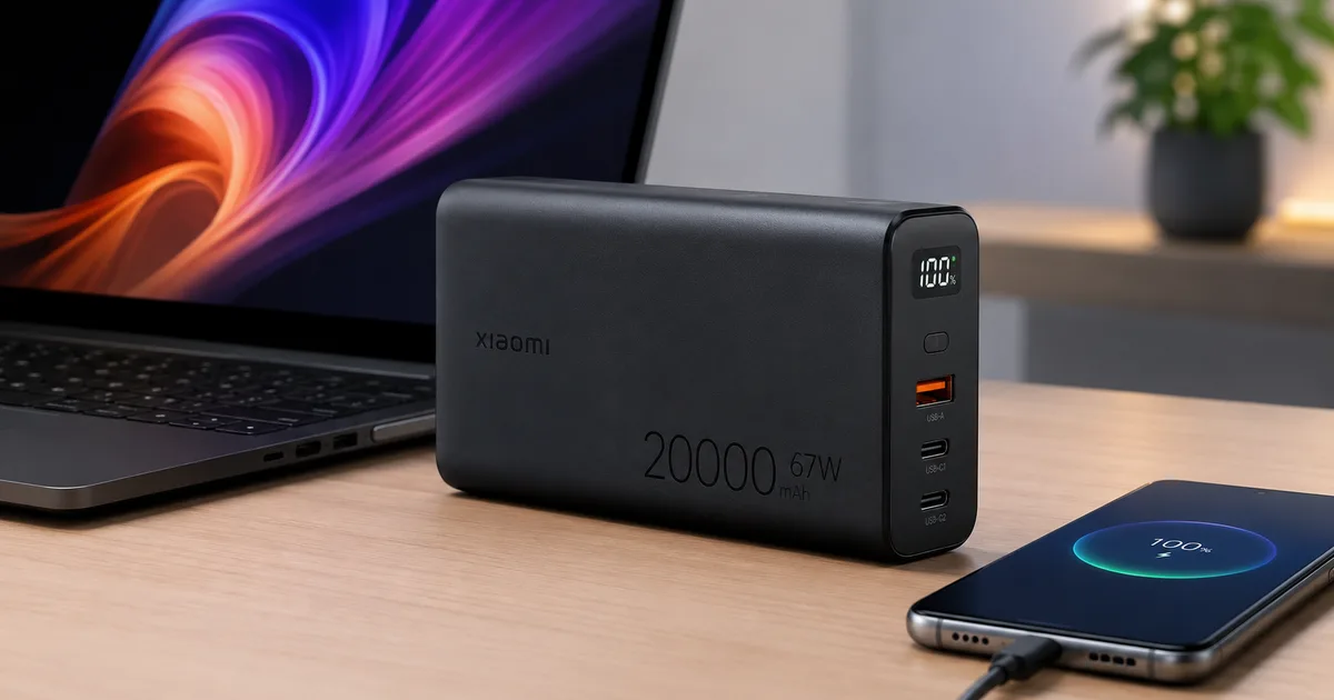 Xiaomi 20000mAh 67W Power Bank with built-in Type-C cable on a desk