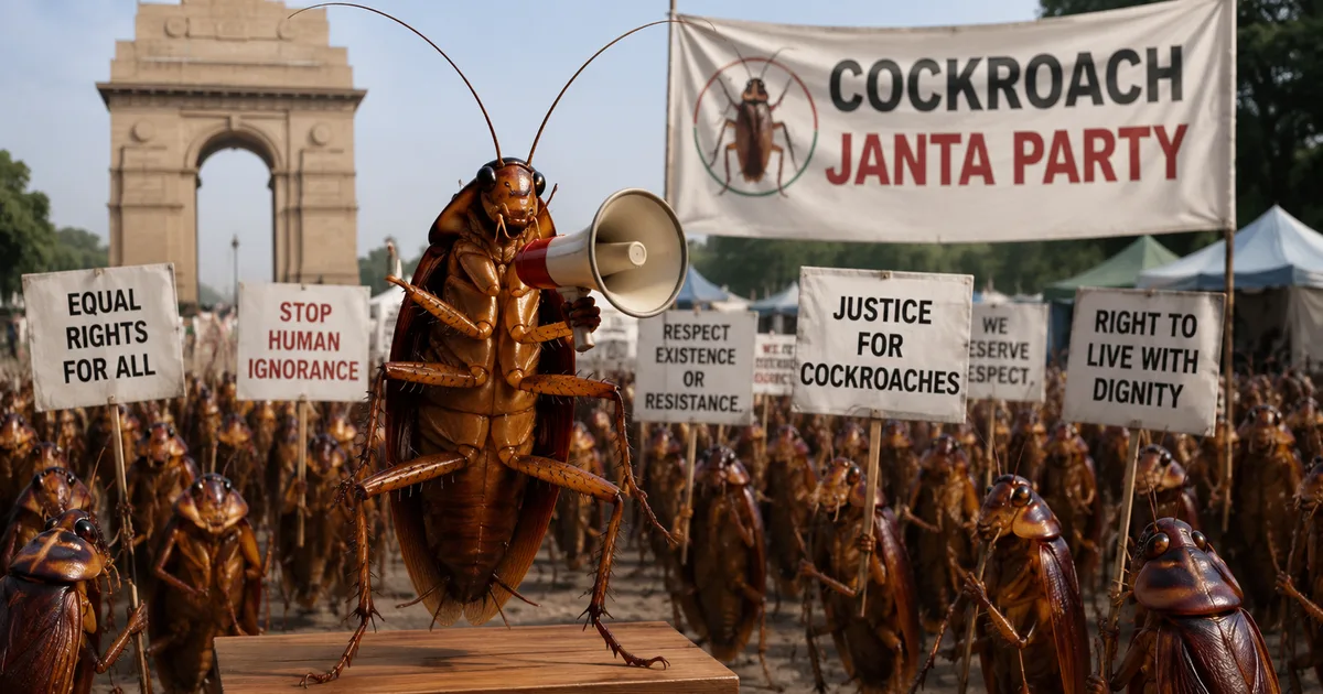 Protesting students holding a banner for the Cockroach Janta Party at Jantar Mantar