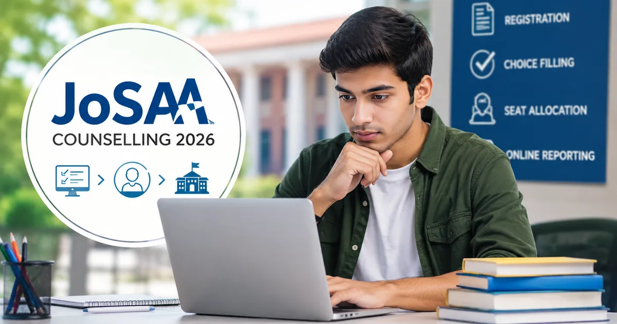 Student checking JoSAA counselling 2026 seat allocation results on a laptop