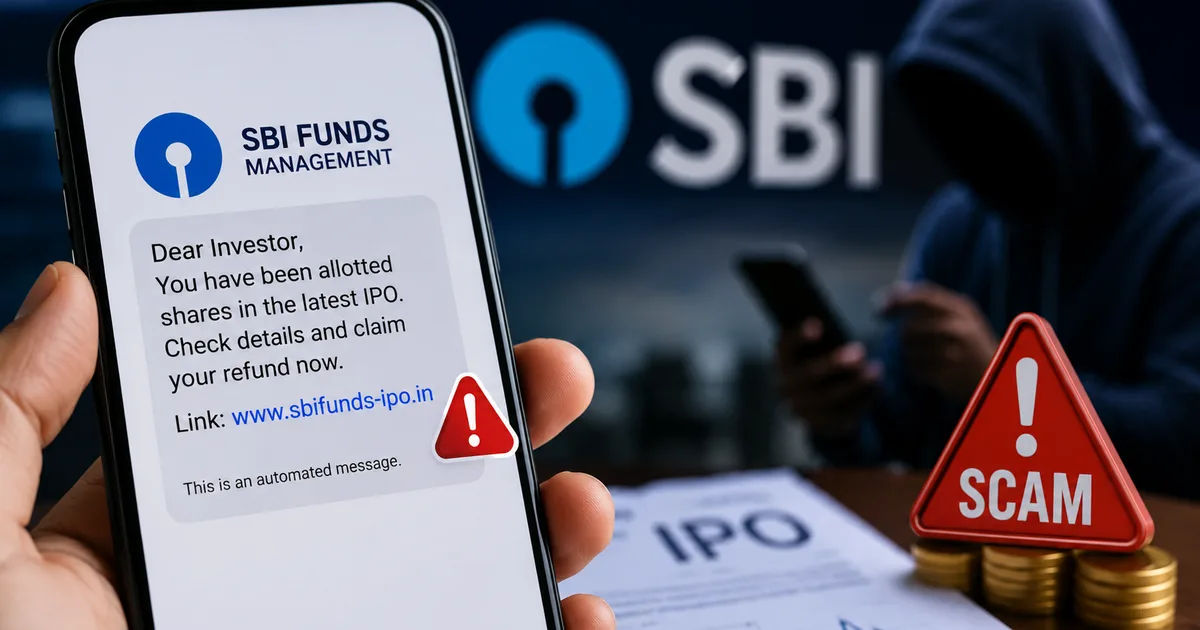 Fake SBI Funds Management IPO allotment SMS scam warning on mobile phone