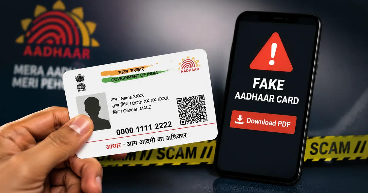 Smartphone displaying a fake Aadhaar card download PDF scam on WhatsApp