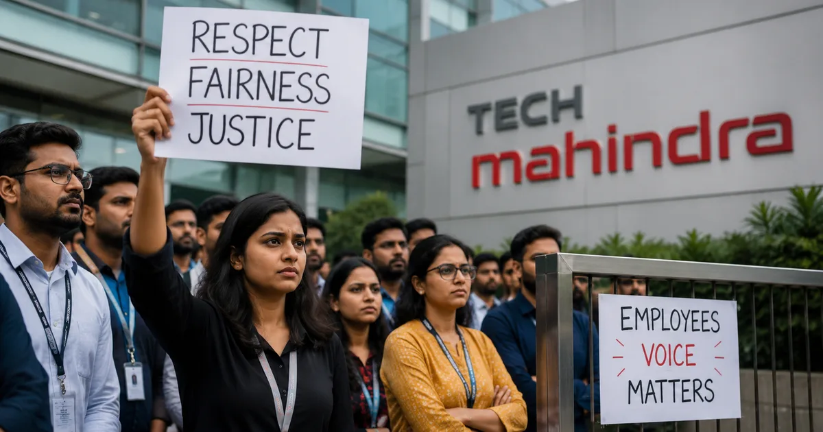 Bhavana protesting outside Tech Mahindra Hyderabad office in 2026