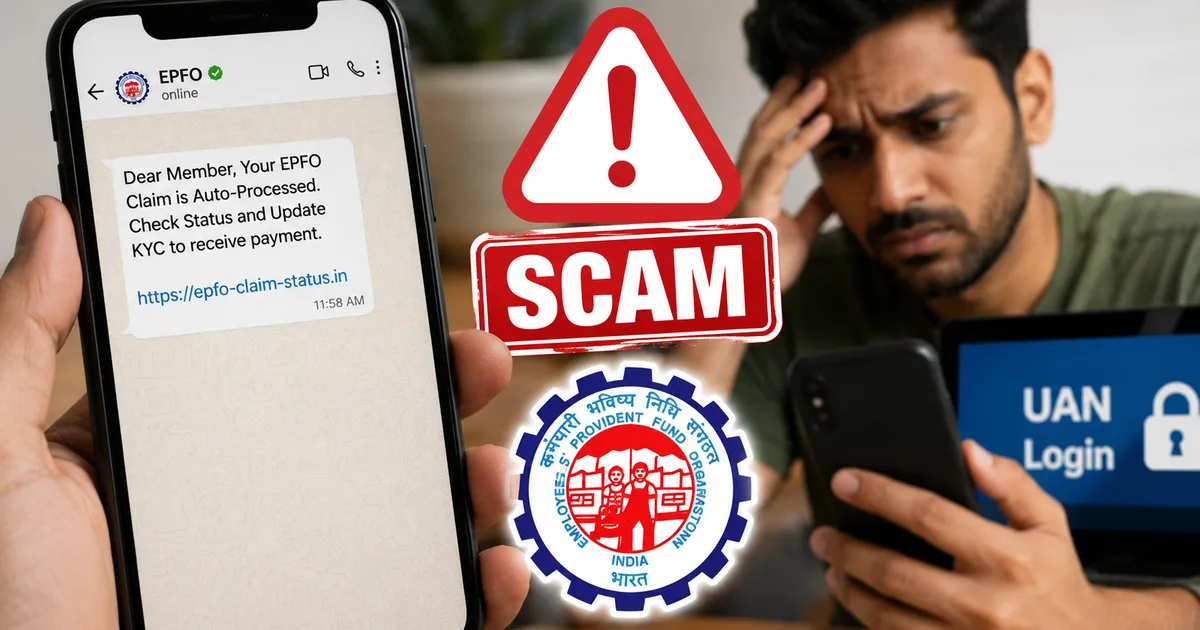 Fake EPFO Auto Processing Claim Status WhatsApp Scam Warning on smartphone screen