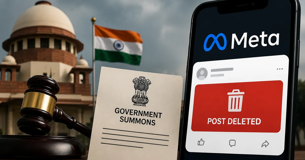 Meta logo with Indian flag representing the government summons over the deleted PM Modi Facebook post