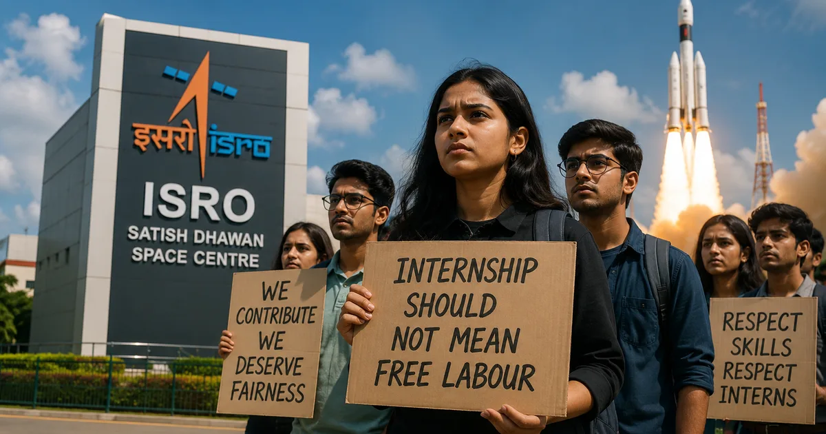 ISRO Unpaid Internship Debate 2026 with students and rockets
