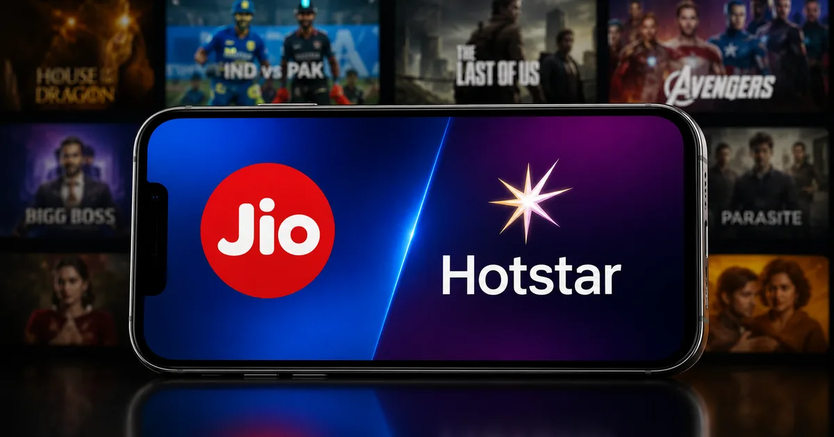 JioHotstar app 2026 interface showing movies and live sports on a smartphone screen
