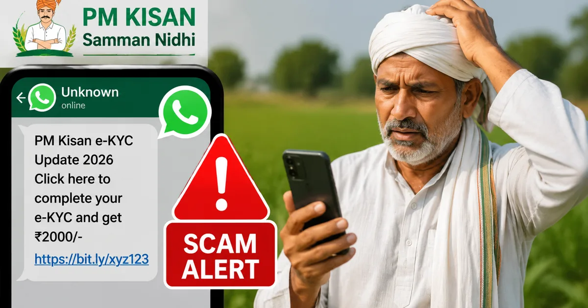 Fake PM Kisan Samman Nidhi 2026 e-KYC WhatsApp Scam alert warning on smartphone