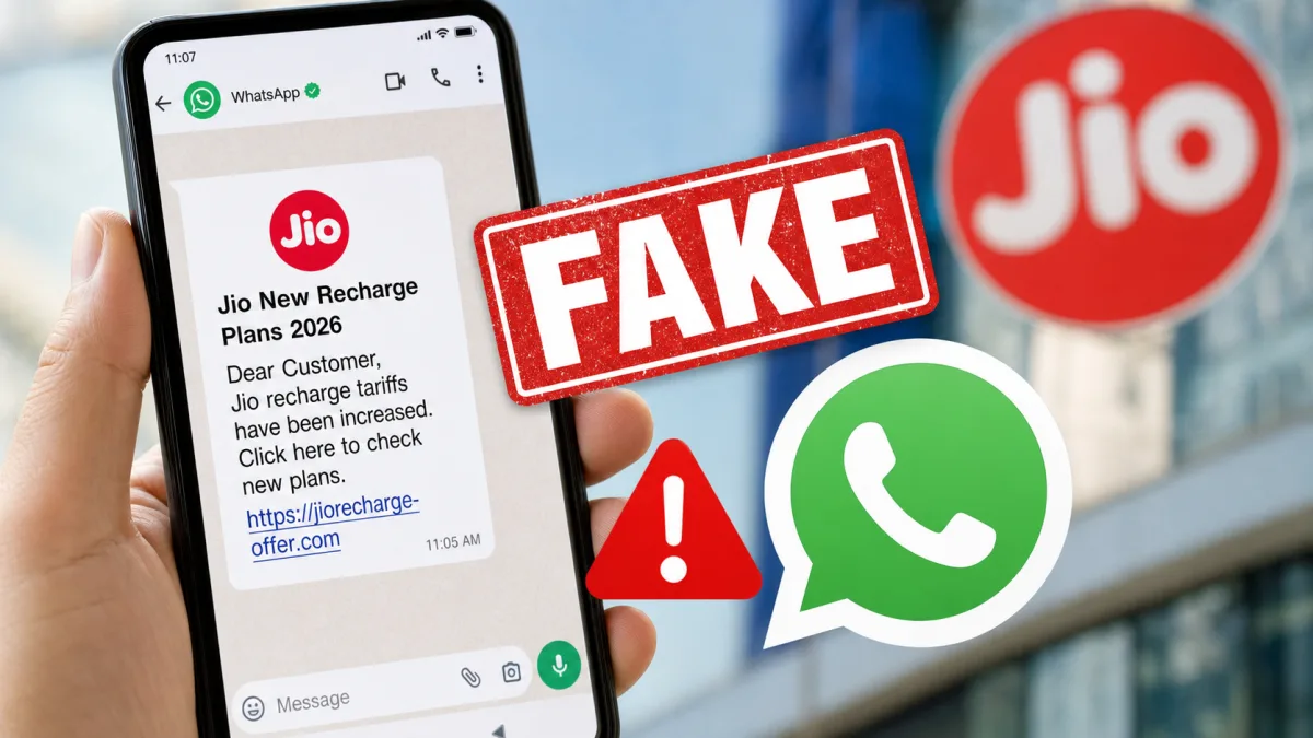 Fake Jio recharge tariff hike WhatsApp scam warning message on a smartphone