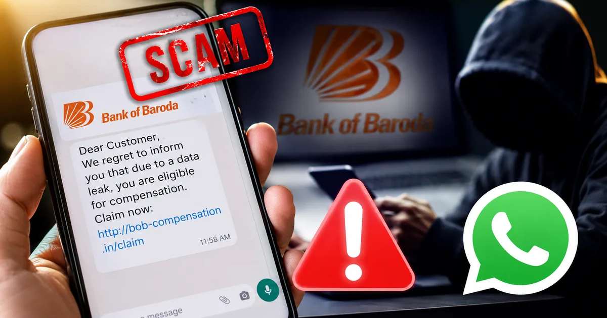Smartphone showing a fake Bank of Baroda WhatsApp message about a data leak compensation