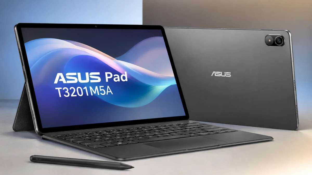 ASUS Pad T3201M5A tablet display and stylus in a dark room