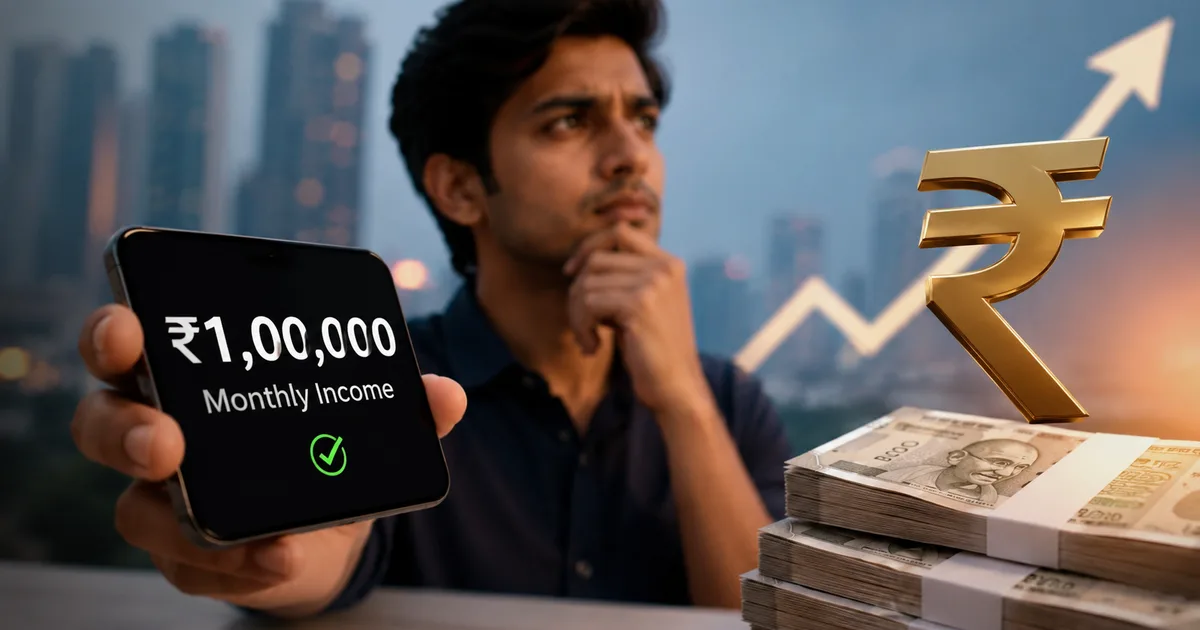 Illustration explaining the 1 lakh monthly income debate and salary controversy in India