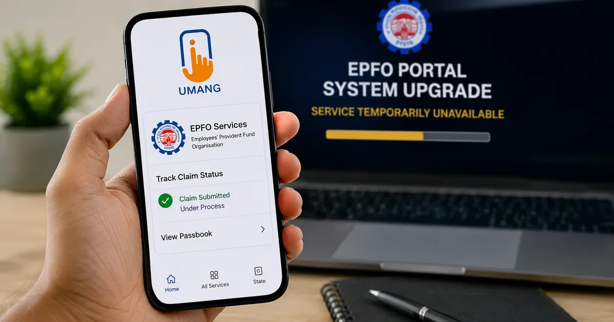 Frustrated Indian employee checking EPFO claim status on smartphone Umang app during portal outage