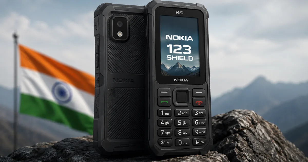 The rugged HMD Nokia 123 Shield feature phone displaying a long 19-day battery life and USB-C port