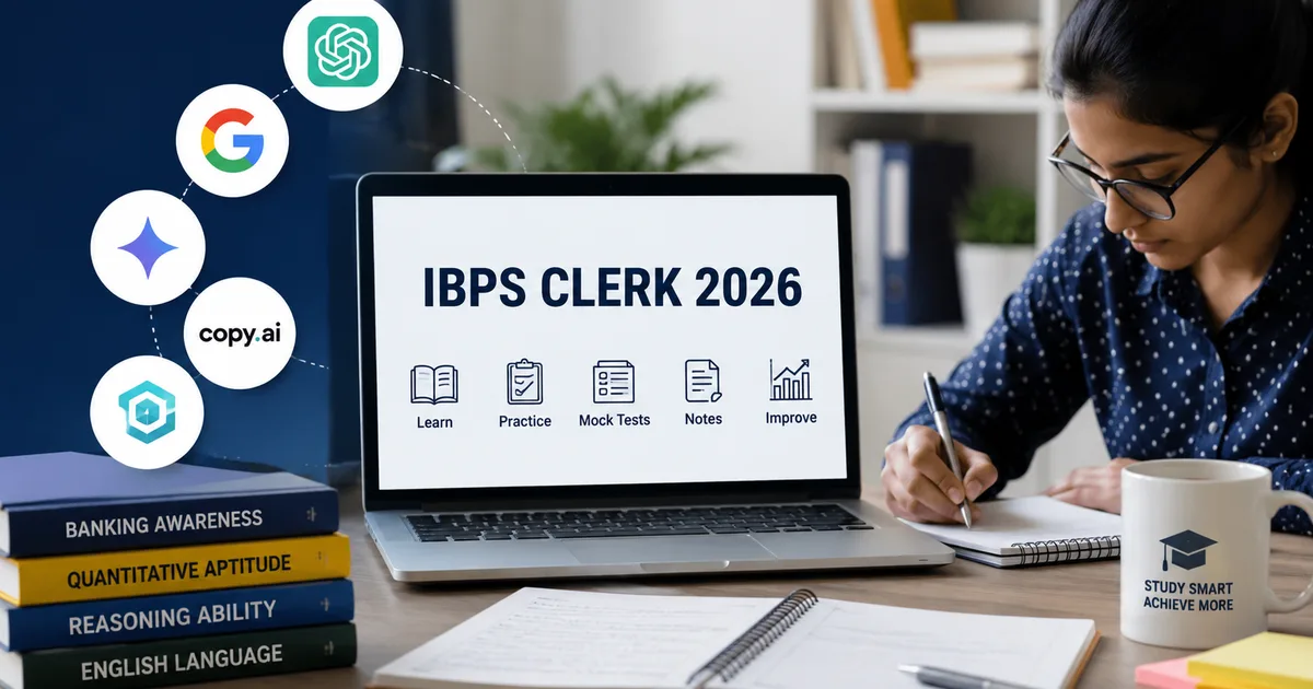 Student studying for IBPS Clerk 2026 exam using free AI tools on a laptop