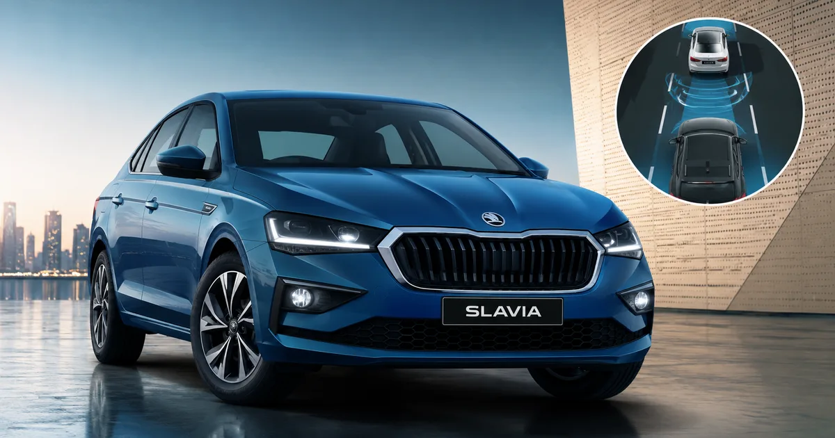 White Skoda Slavia Facelift 2026 driving on an Indian highway