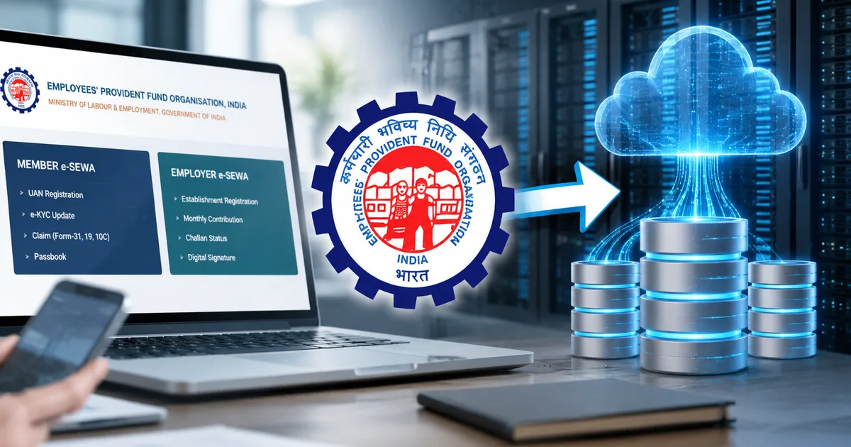 A person looking at the EPFO portal on their laptop with text about the 2026 centralized database migration