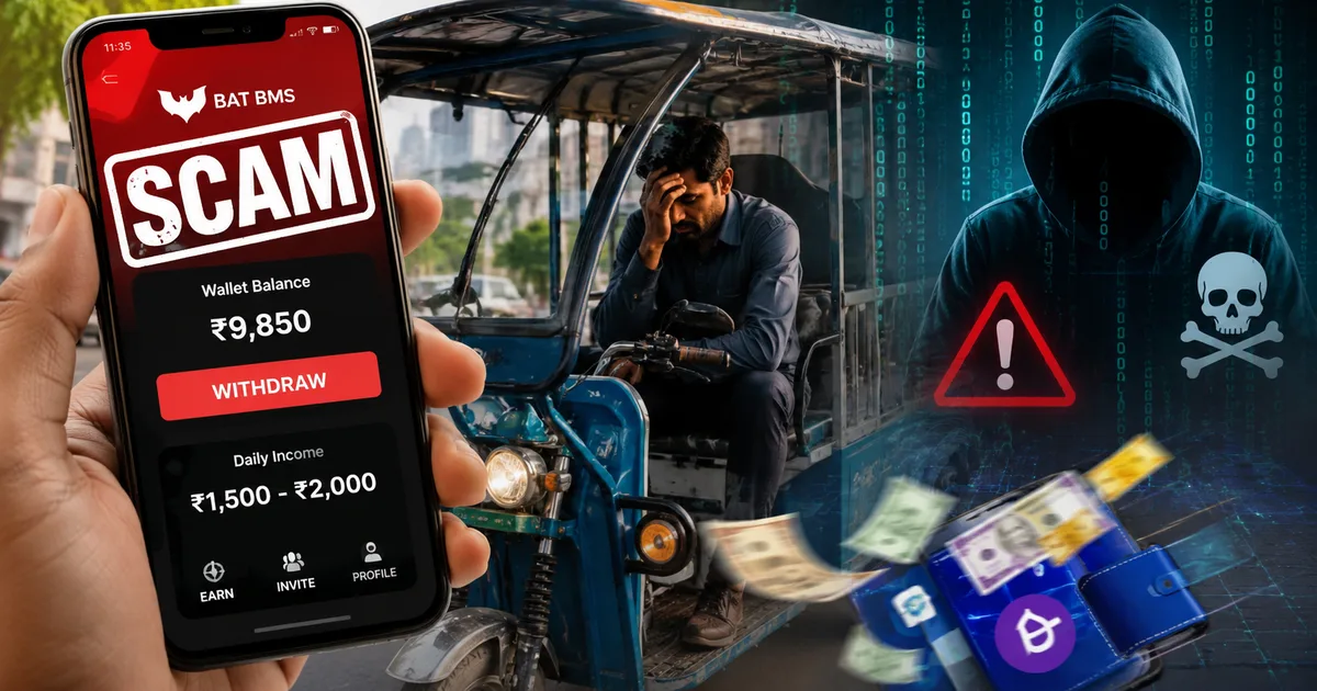 E-rickshaw driver stranded on road due to BAT BMS app scam 2026