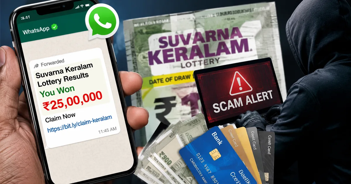 Fake Suvarna Keralam lottery certificate on a smartphone screen warning of WhatsApp scams