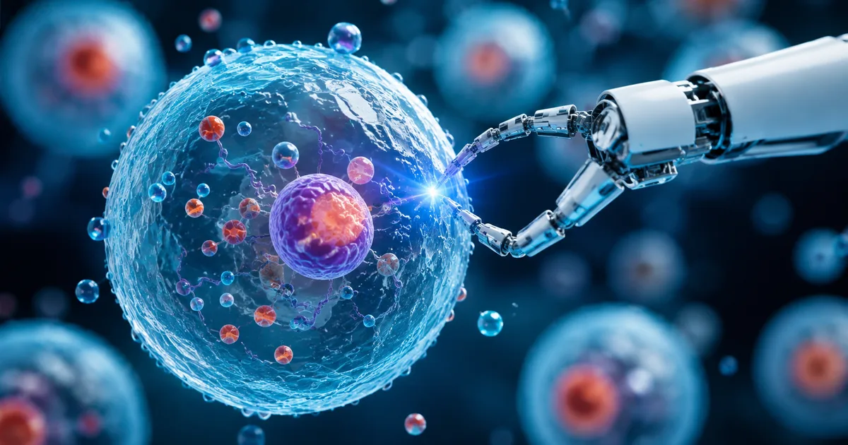 Microscopic view of a synthetic cell dividing, representing the synthetic cells breakthrough 2026 in biological engineering