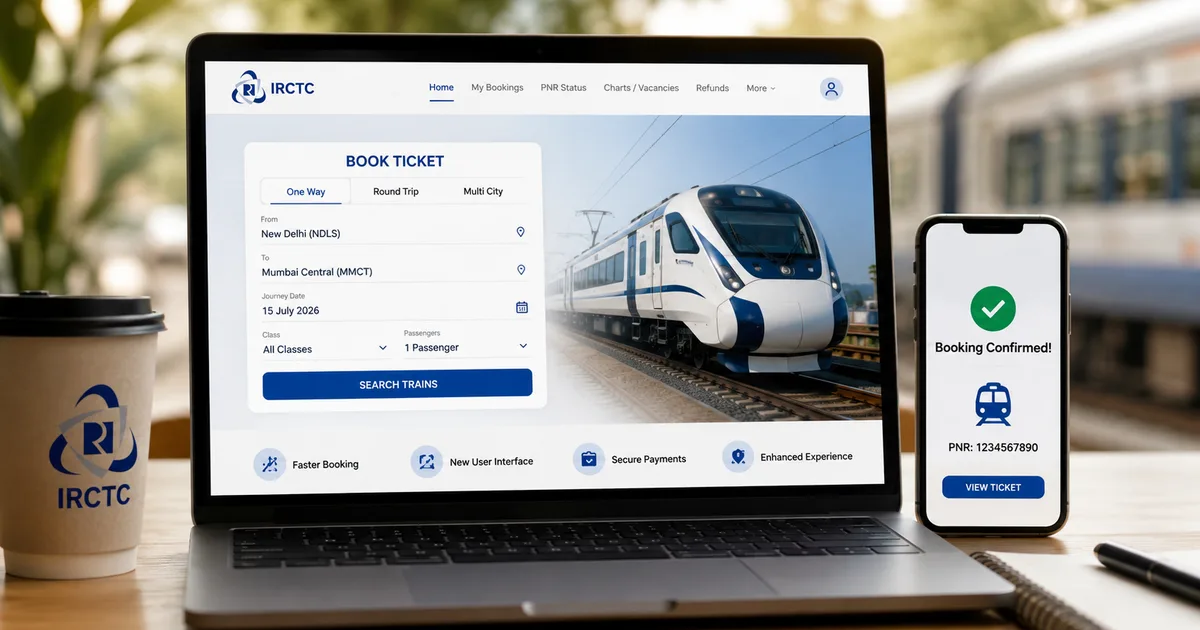 IRCTC New Website 2026 homepage showing faster booking interface on laptop
