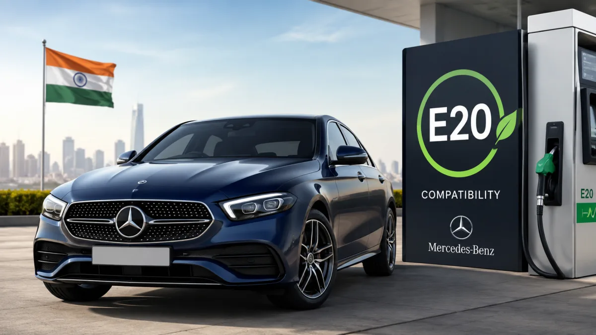 Mercedes-Benz car being refueled at an Indian petrol pump with E20 fuel