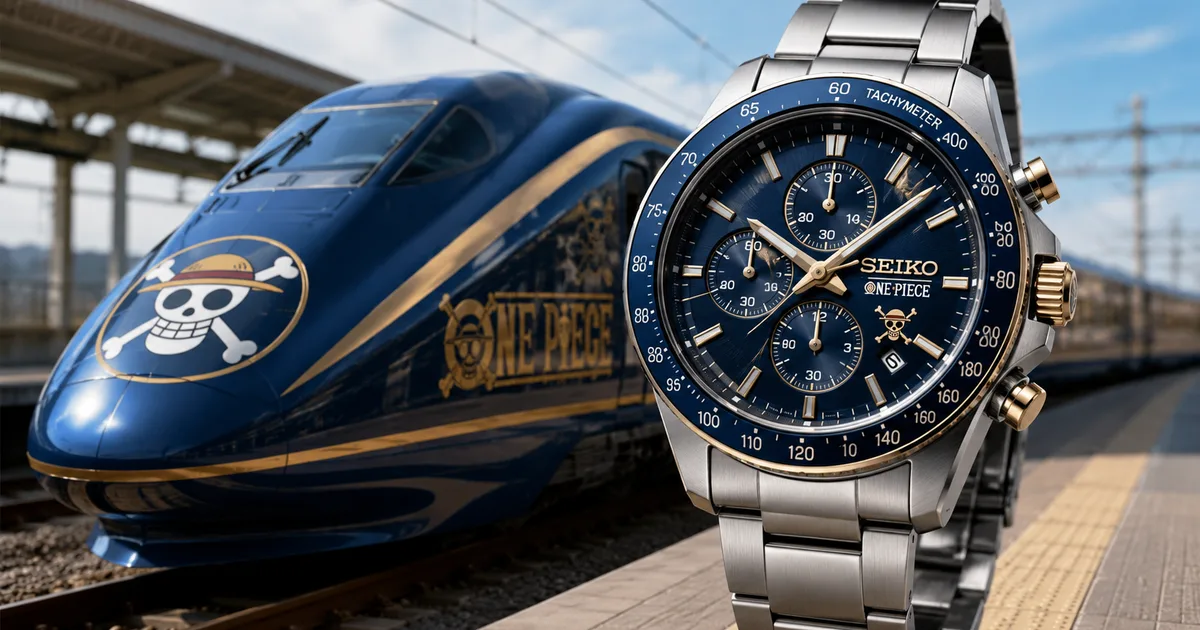 Seiko One Piece Shinkansen Steel Chronograph 2026 watch on a blue background