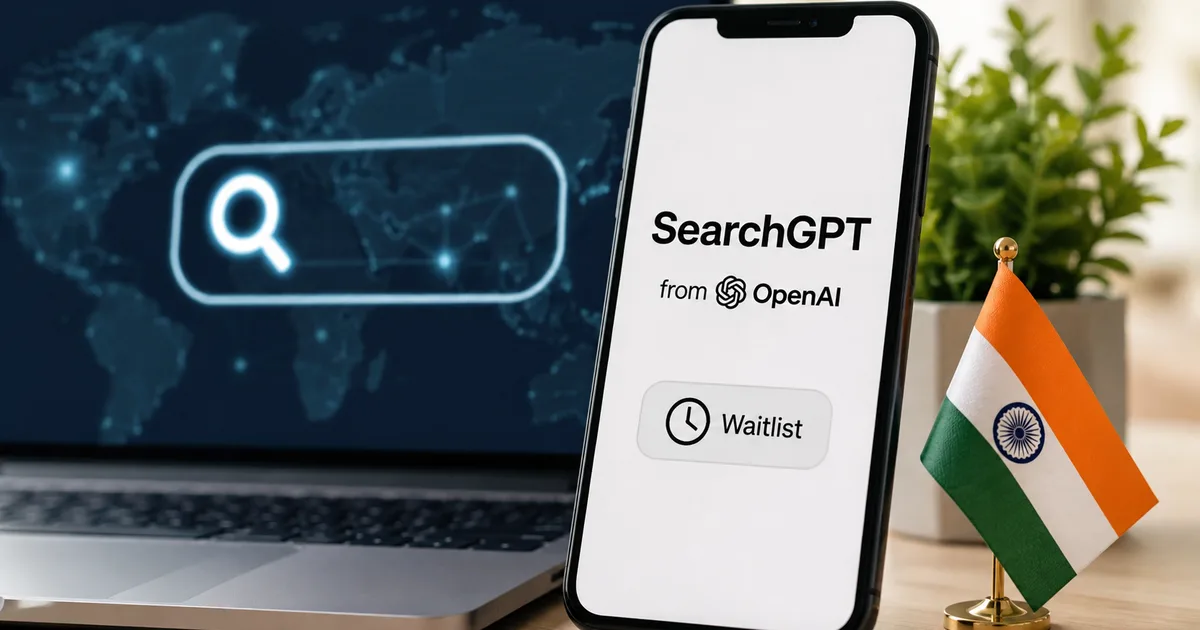 A smartphone displaying the OpenAI SearchGPT India waitlist 2026 sign-up screen next to a cup of chai