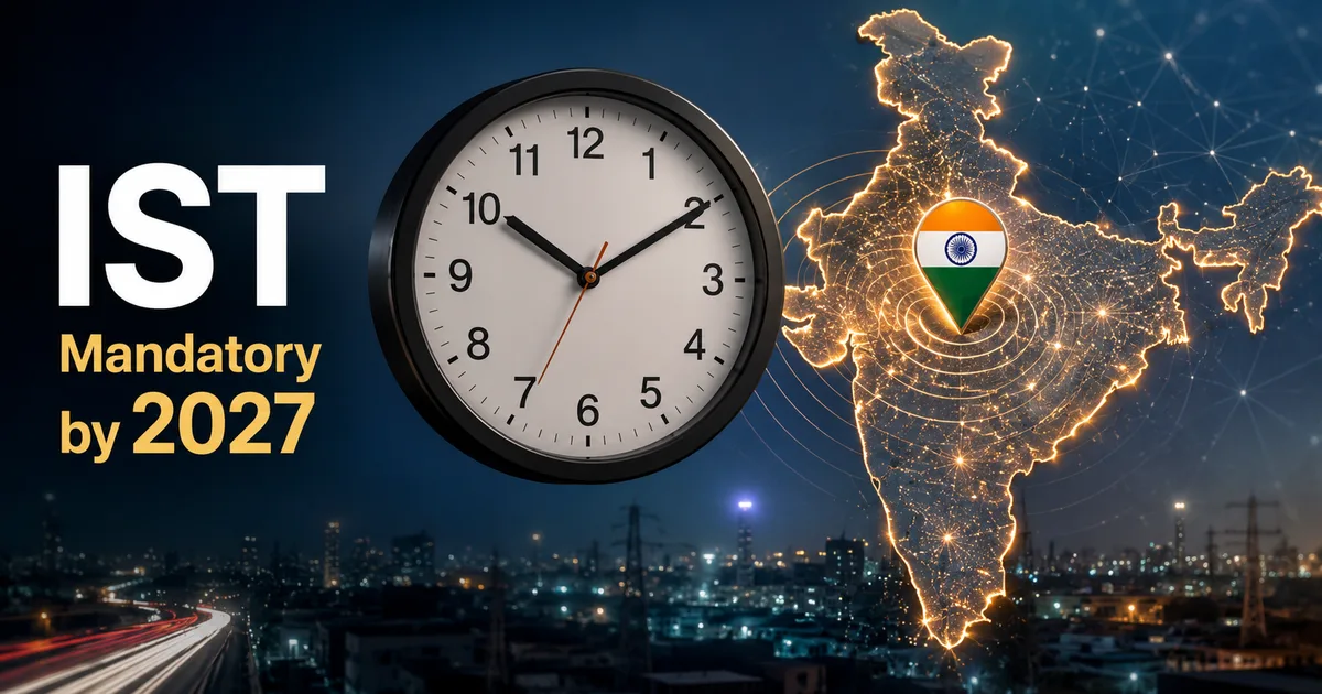 Server room with glowing blue lights and a digital clock showing Indian Standard Time mandatory by 2027