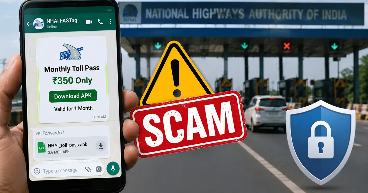 Smartphone displaying a fake NHAI monthly toll pass Rs 350 WhatsApp APK scam 2026 message with a warning sign