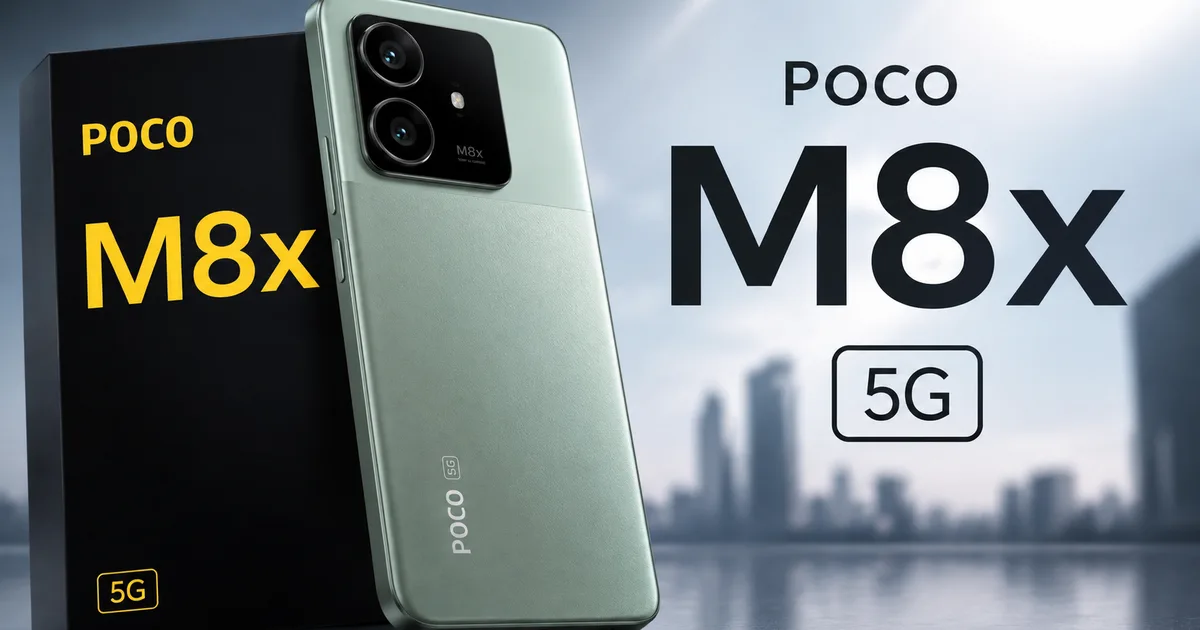 Poco M8x 5G phone showing the large 7900mAh battery and camera specs