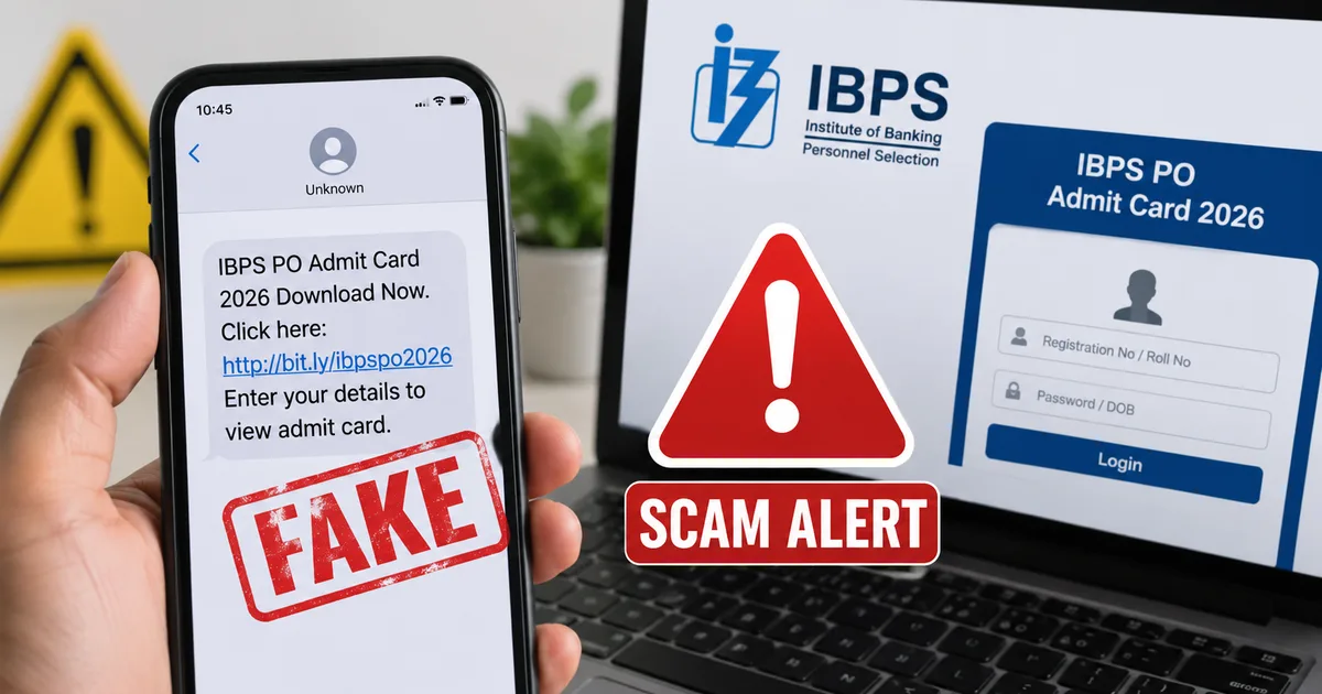 A smartphone displaying a fake SMS message about downloading an IBPS PO admit card, illustrating the phishing scam