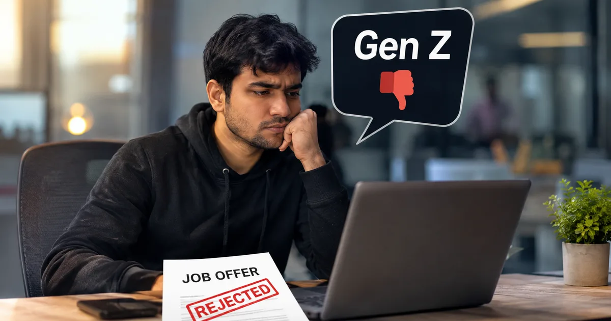 Young Indian professional looking at a laptop and rejecting the Gen Z Job Offer Rejection Trend 2026