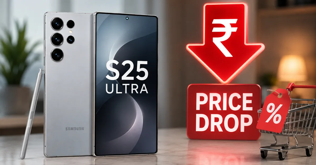 Samsung Galaxy S25 Ultra lying on a desk with a massive price drop tag
