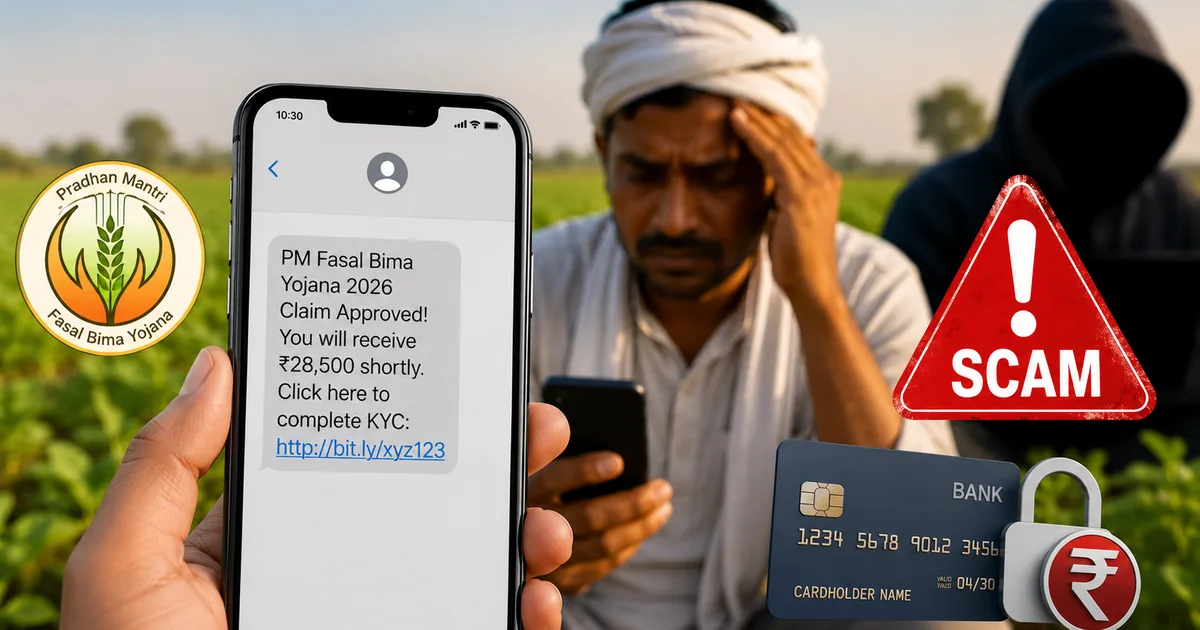 Fake PM Fasal Bima Yojana 2026 Claim Approval SMS Scam text on a smartphone screen