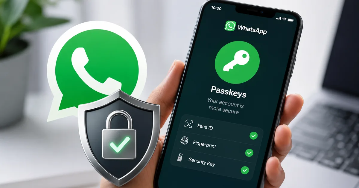 A smartphone displaying the WhatsApp passkey setup screen with a fingerprint scanner icon