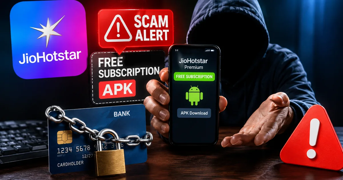 Warning sign on a smartphone screen illustrating the fake JioHotstar APK scam targeting bank accounts