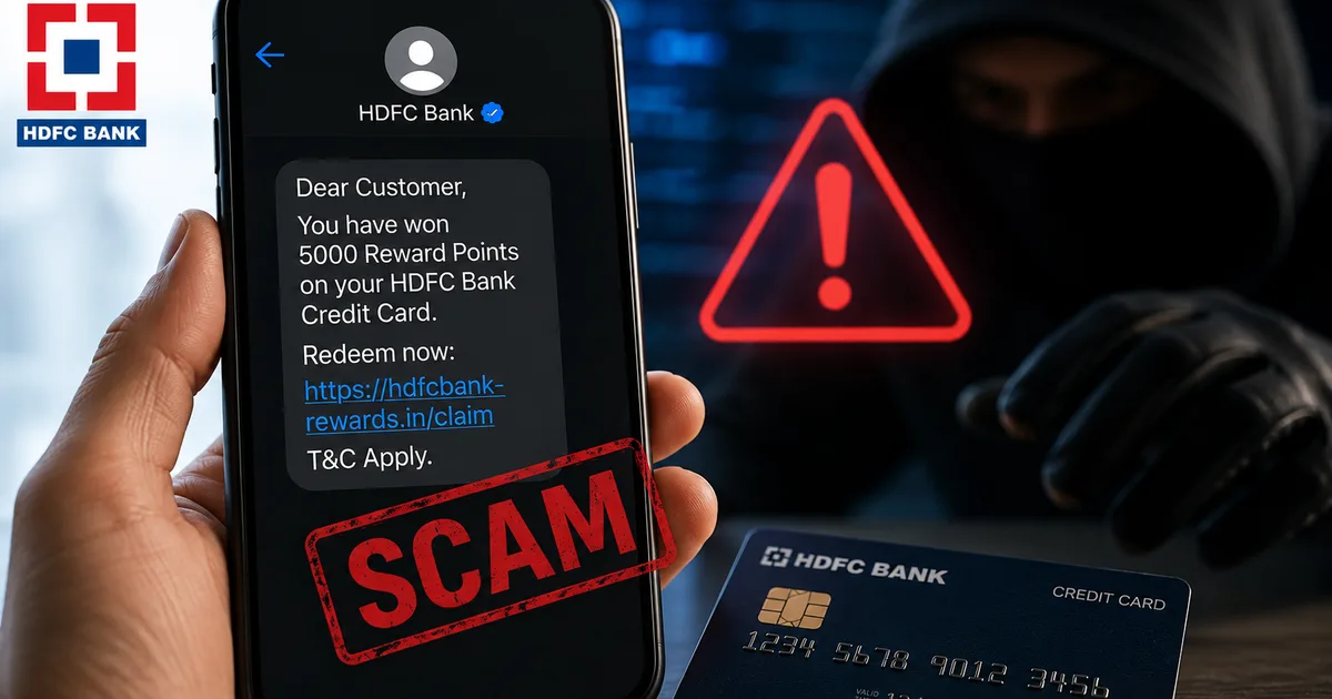 Smartphone screen showing a fake HDFC Bank reward points SMS scam alert and a warning sign