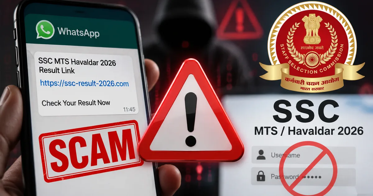 Smartphone displaying a fake WhatsApp message with a malicious SSC MTS Havaldar 2026 result link