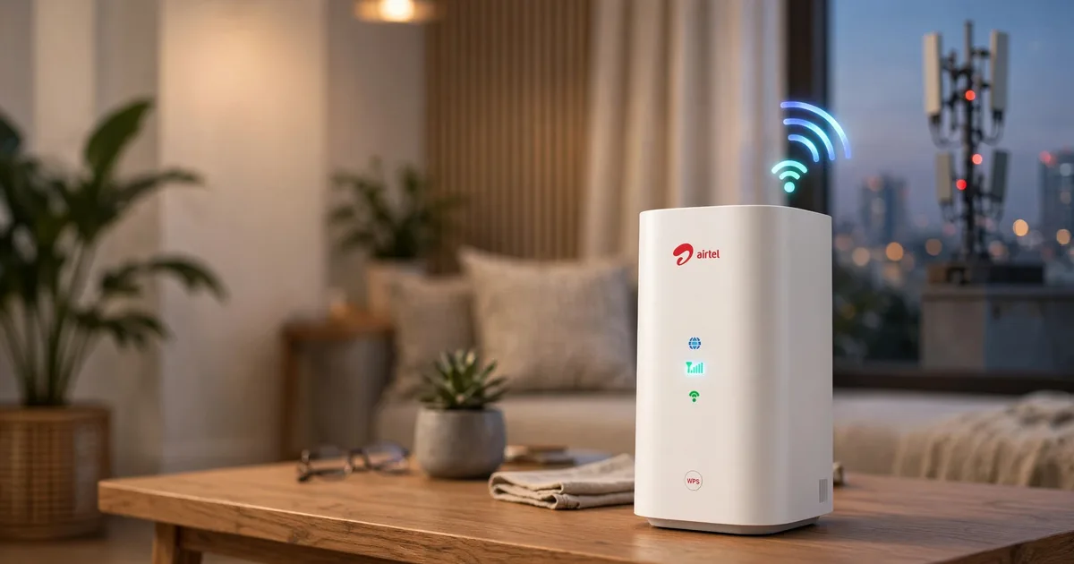 Bharti Airtel AirFiber 5G router device on a desk providing home Wi-Fi