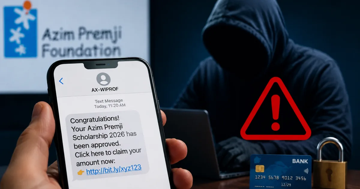 Smartphone showing fake Azim Premji Scholarship 2026 approval SMS next to a blocked bank account icon