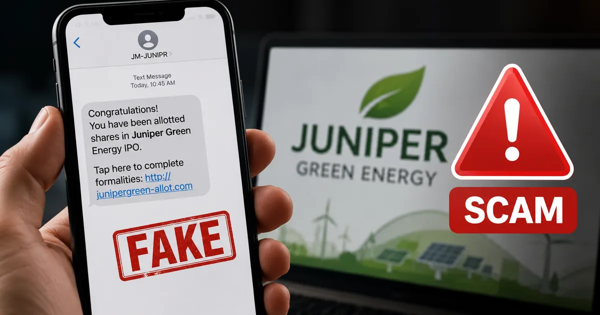 Screenshot of a fake Juniper Green Energy IPO allotment SMS scam message