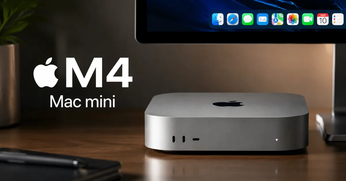 Small silver Apple M4 Mac Mini redesign 2026 on a wooden desk