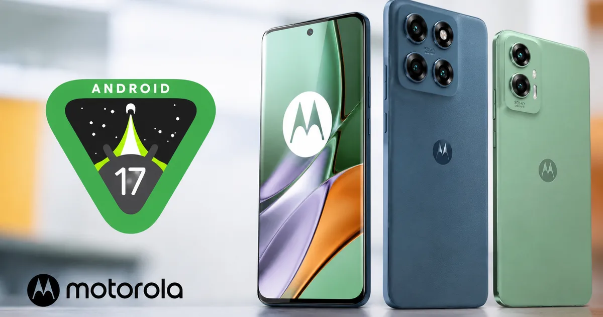 Motorola Edge and Moto G phones displaying Android 17 update screen in India