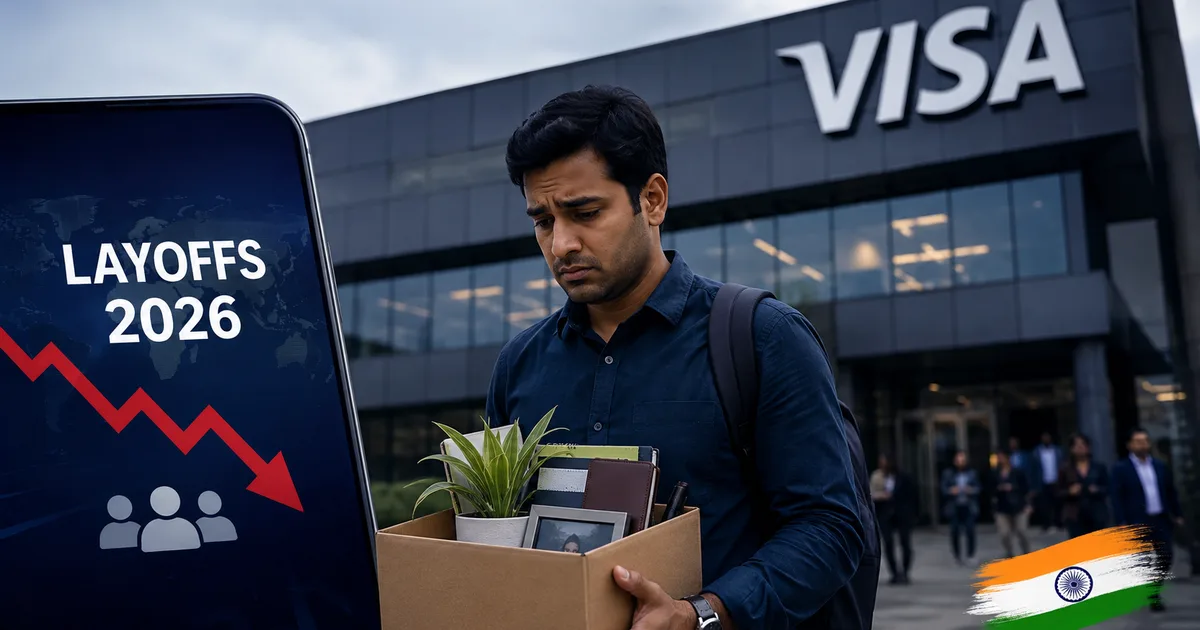 Office building with Visa logo during 2026 layoffs