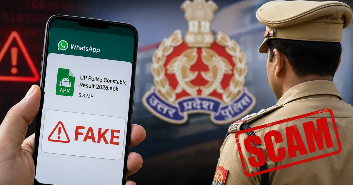 Smartphone screen showing a fake UP Police Constable result 2026 WhatsApp APK scam message