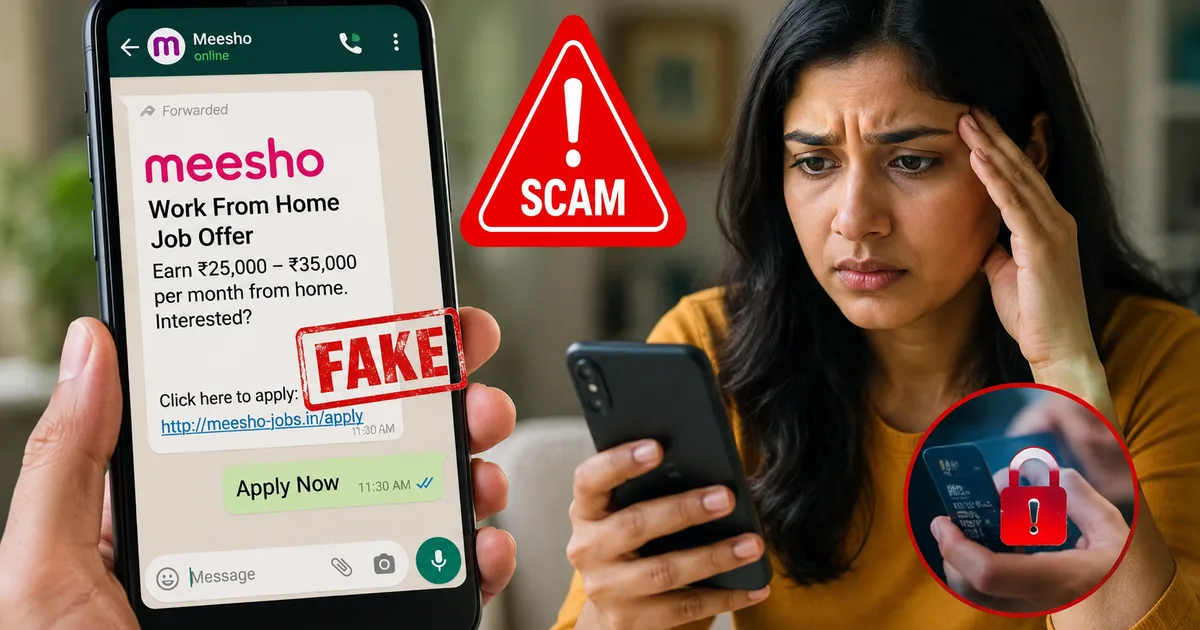 Fake Meesho WhatsApp message showing work from home job offer scam on a smartphone screen