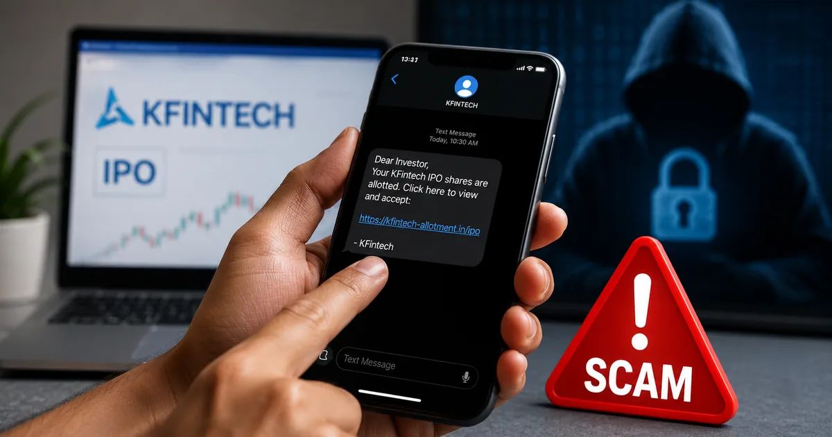 Warning sign for Fake KFintech IPO Allotment Link SMS Scam 2026
